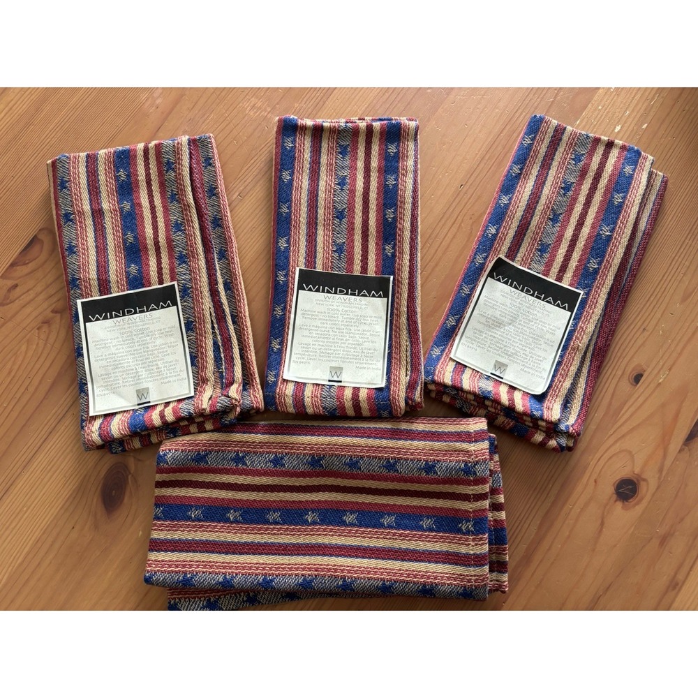 Windham Weavers Set 4 Woven Cotton Napkins Red Blue Stripe Americana Farmhouse